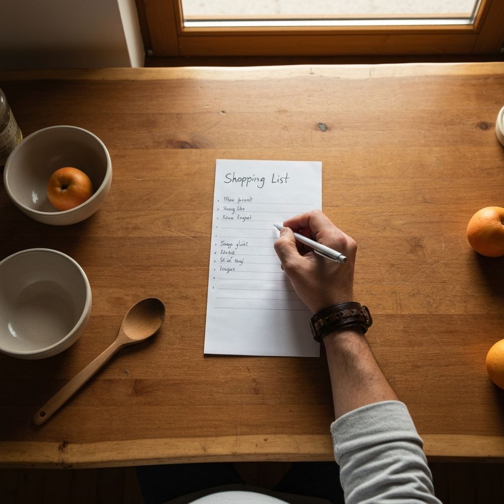 Pisanje liste za pazar na drvenom stolu s kuhinjskim stvarima